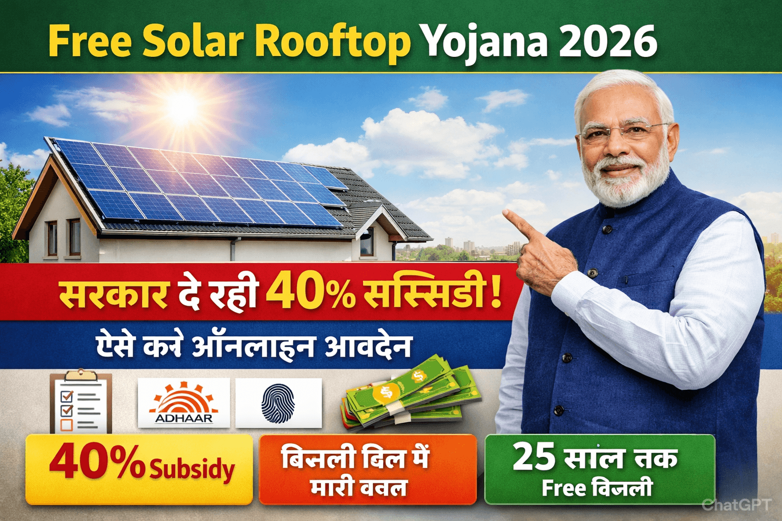 Free Solar Rooftop Yojana 2026 40% सब्सिडी सोलर पैनल योजना