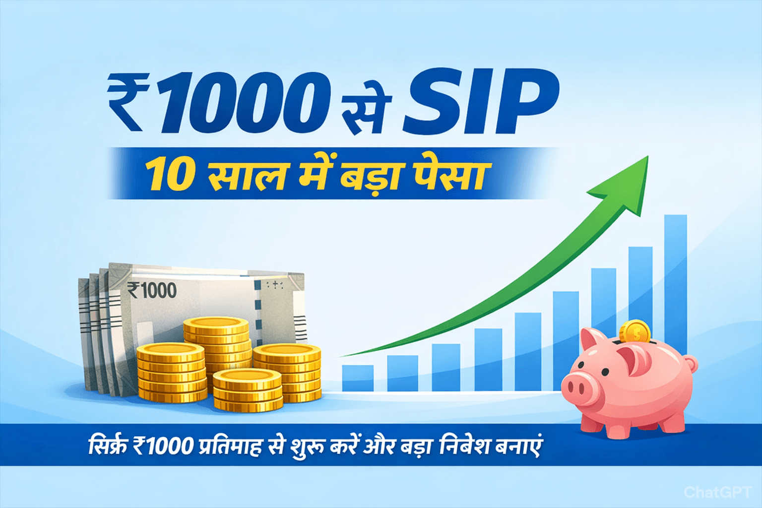 सिर्फ ₹1000 से शुरू करें SIP – 10 साल में wealth growth दिखाते हुए ₹1000 notes, coins, chart और piggy bank